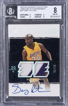 2003-04 UD "Exquisite Collection" Emblems of Endorsement #GP Gary Payton Signed Game Used Patch Card (#11/15) – BGS NM-MT 8/BGS 10
